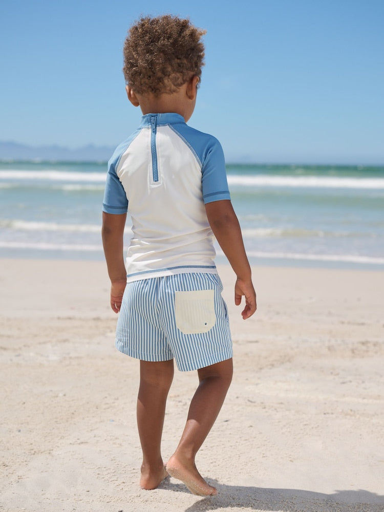 Blue/Ecru Seagull Short Sleeve Sunsafe Rash Vest and Swim Shorts Set (3mths-7yrs)