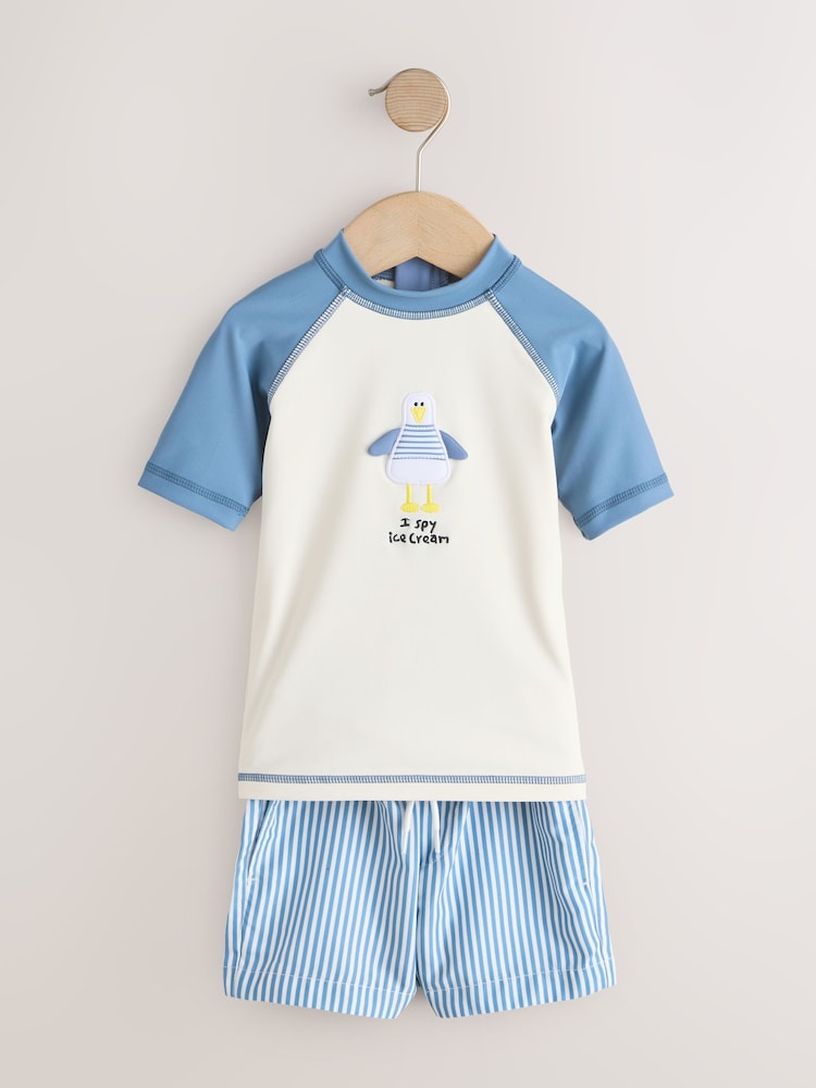 Blue/Ecru Seagull Short Sleeve Sunsafe Rash Vest and Swim Shorts Set (3mths-7yrs)