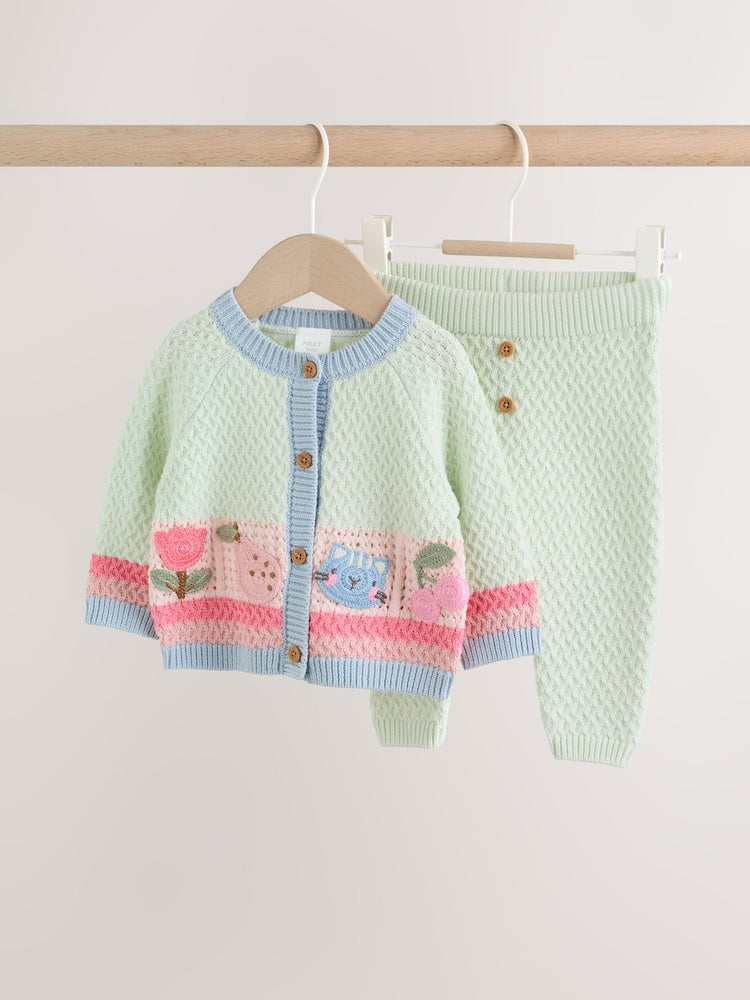 Sage Green Crochet Animal Knitted Cardigan and Legging Baby Set (0mths-2yrs)