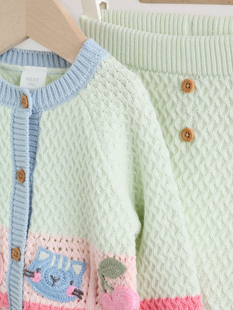 Sage Green Crochet Animal Knitted Cardigan and Legging Baby Set (0mths-2yrs)