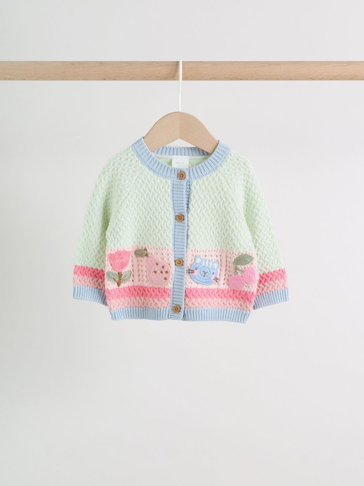 Sage Green Crochet Animal Knitted Cardigan and Legging Baby Set (0mths-2yrs)