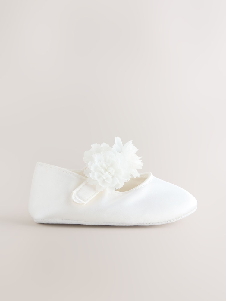 White Satin Baby Corsage Shoes (0-24mths) - Size Up To 3 Months (50 - 62cm)