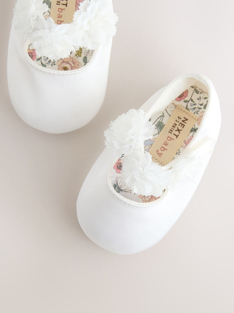 White Satin Baby Corsage Shoes (0-24mths) - Size Up To 3 Months (50 - 62cm)