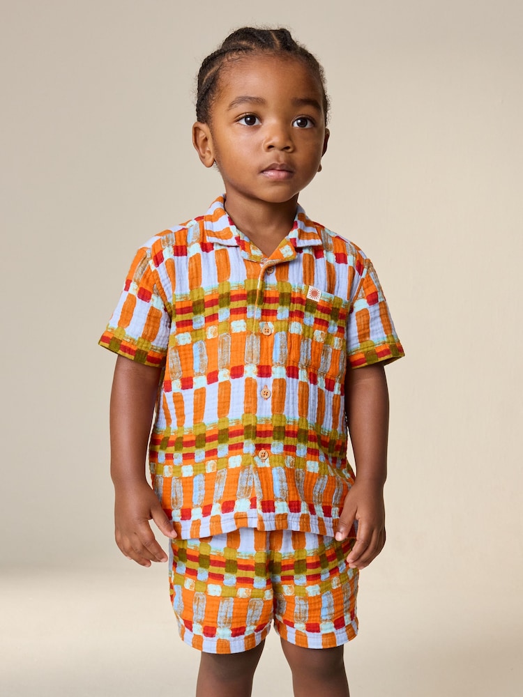 Multi Rust Stripe Short Sleeve Double Cloth Shirt & Shorts Set (3mths-10yrs)
