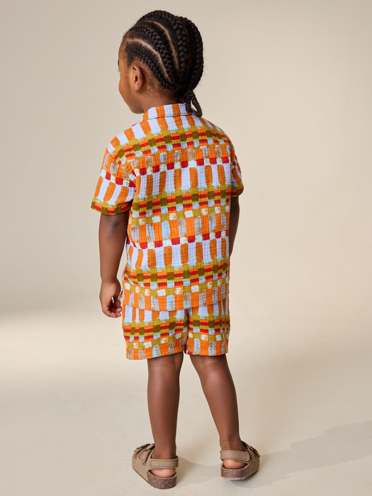 Multi Rust Stripe Short Sleeve Double Cloth Shirt & Shorts Set (3mths-10yrs)