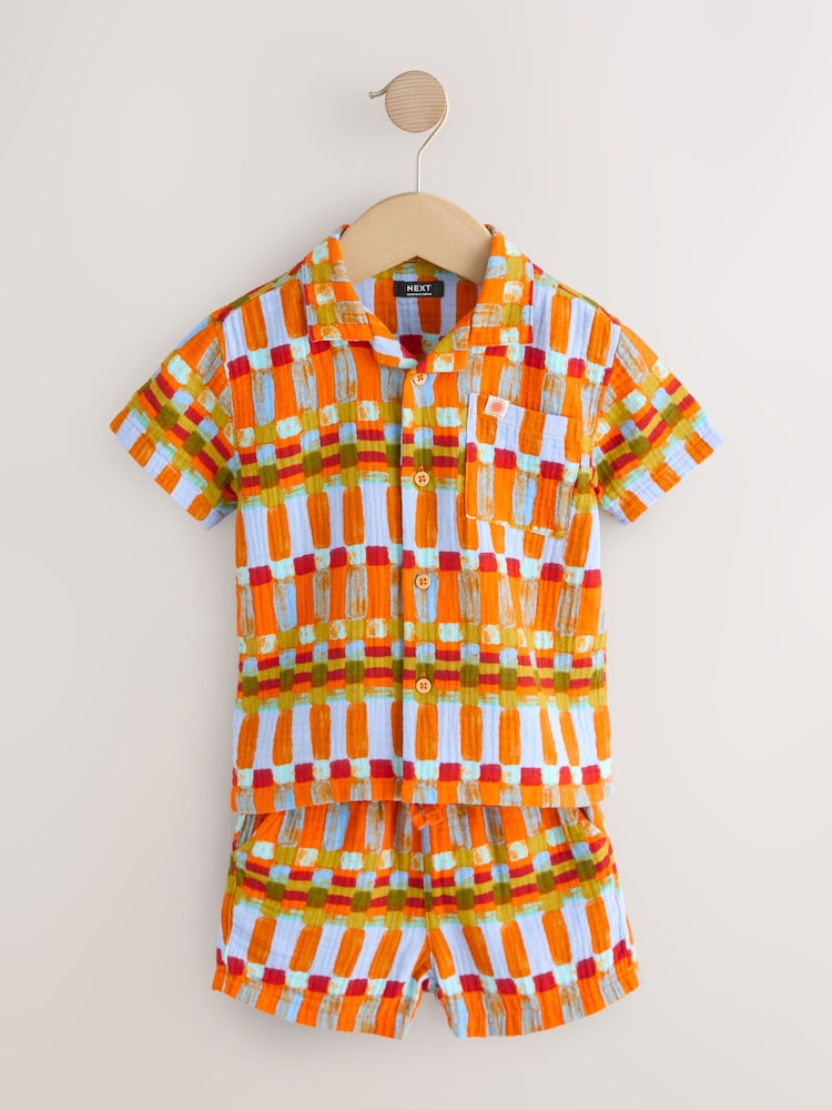 Multi Rust Stripe Short Sleeve Double Cloth Shirt & Shorts Set (3mths-10yrs)