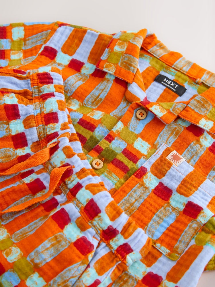Multi Rust Stripe Short Sleeve Double Cloth Shirt & Shorts Set (3mths-10yrs)
