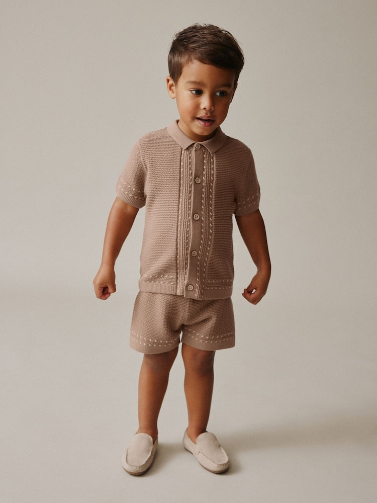 Tan Brown Textured Knitted Button Through Polo Shirt and Shorts Set (3mths-10yrs)