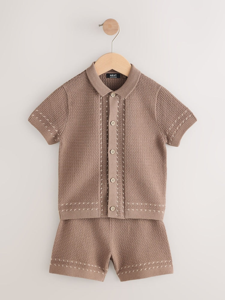 Tan Brown Textured Knitted Button Through Polo Shirt and Shorts Set (3mths-10yrs)