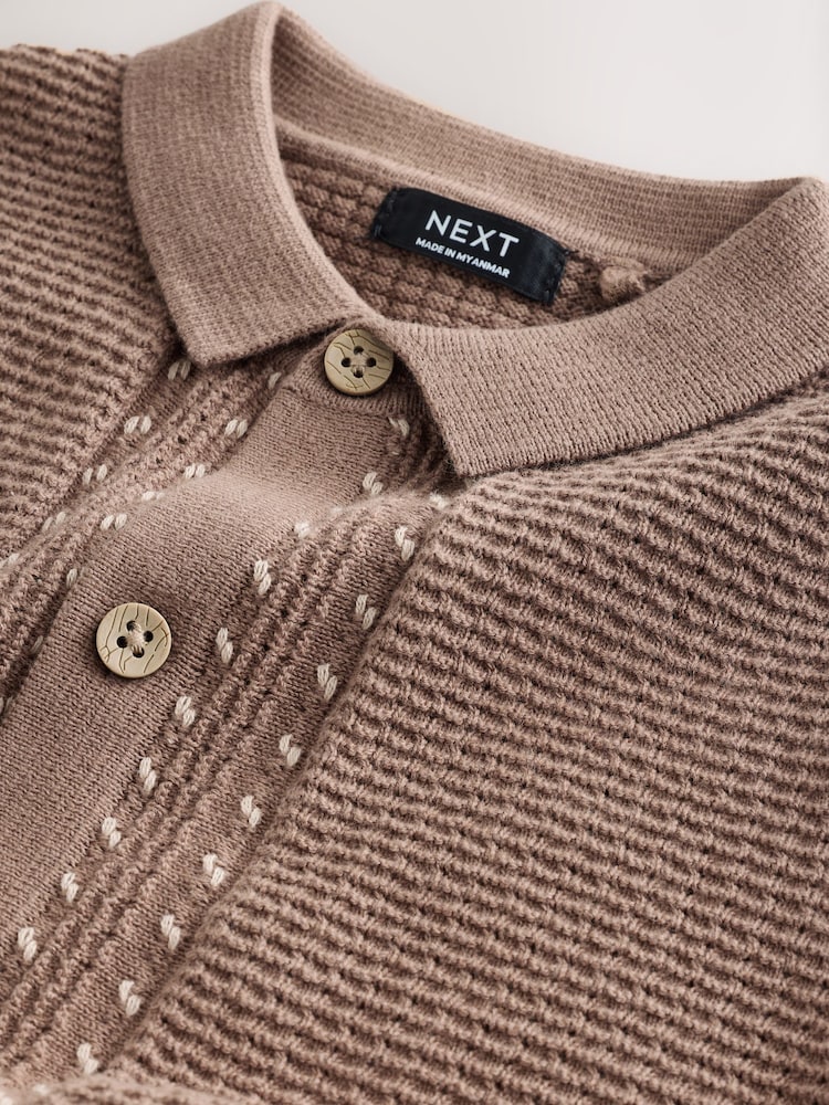 Tan Brown Textured Knitted Button Through Polo Shirt and Shorts Set (3mths-10yrs)