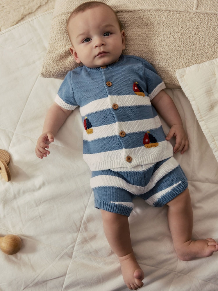 Blue Nautical Stripe Knitted Top and Shorts Baby Set (0mths-2yrs)