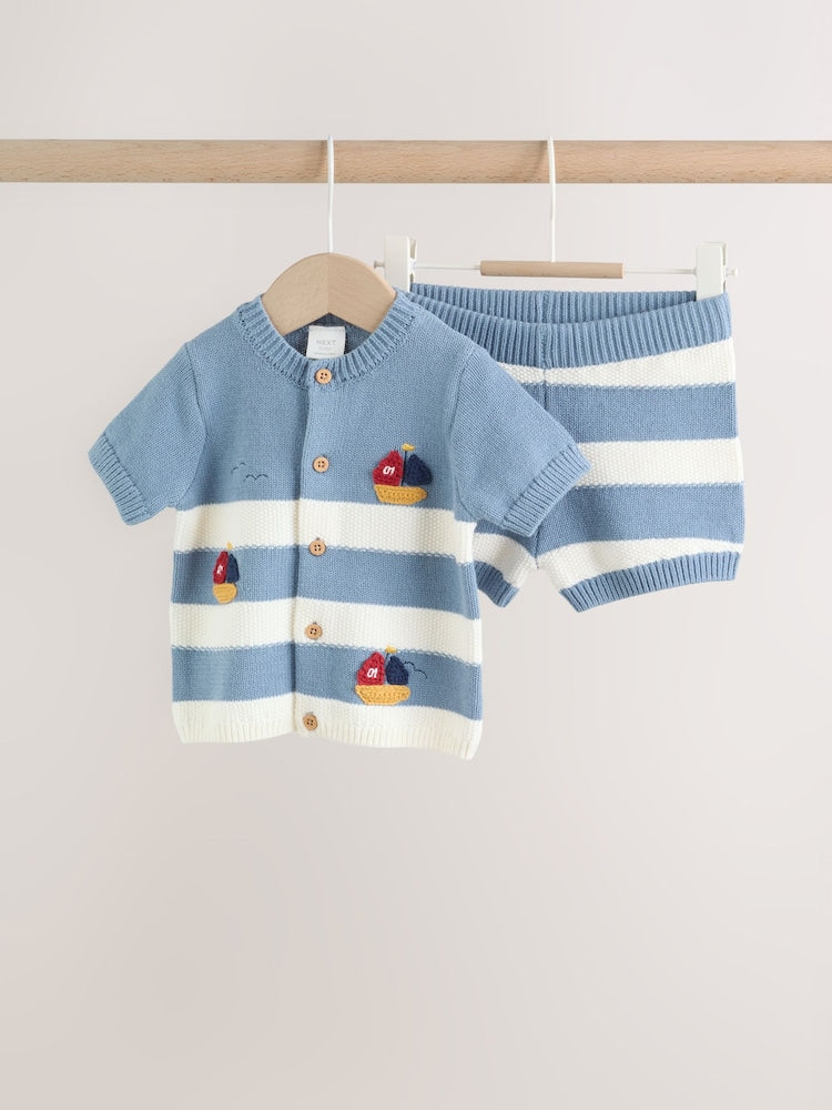Blue Nautical Stripe Knitted Top and Shorts Baby Set (0mths-2yrs)