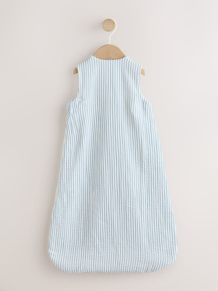 White/Blue Embroidered Muslin 1 Tog Sleeveless Baby Sleep Bag
