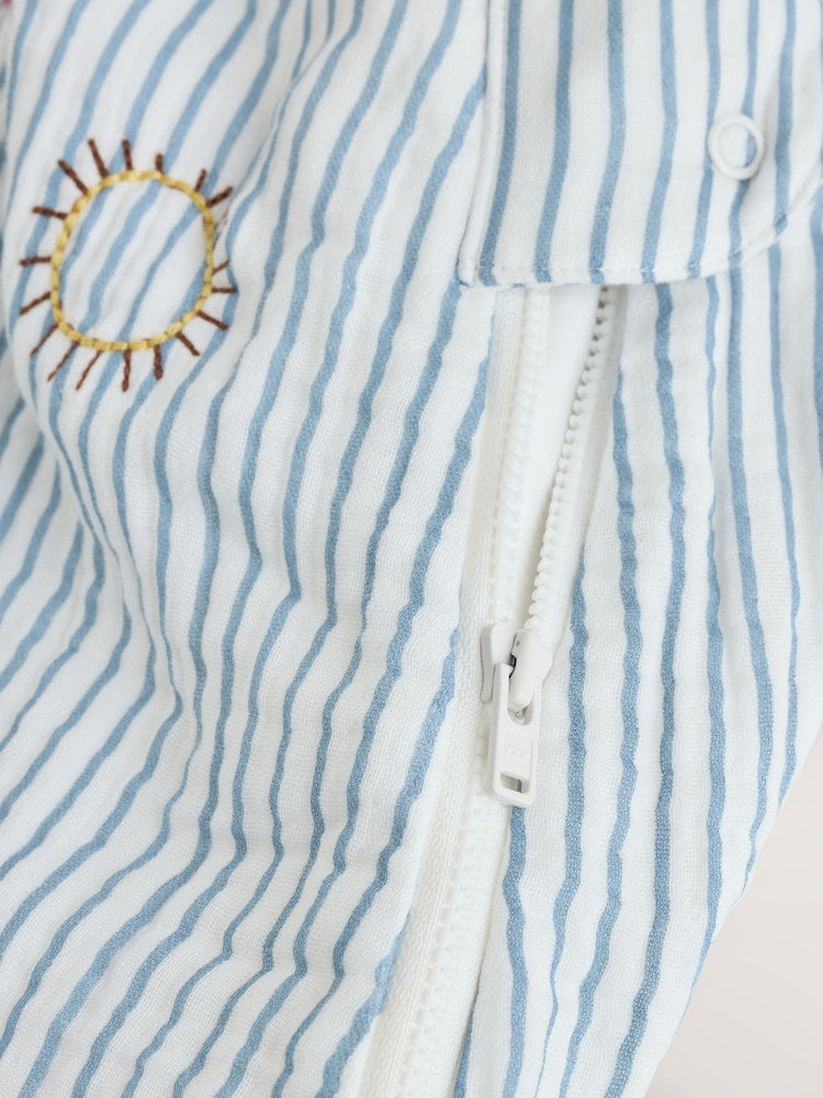 White/Blue Embroidered Muslin 1 Tog Sleeveless Baby Sleep Bag