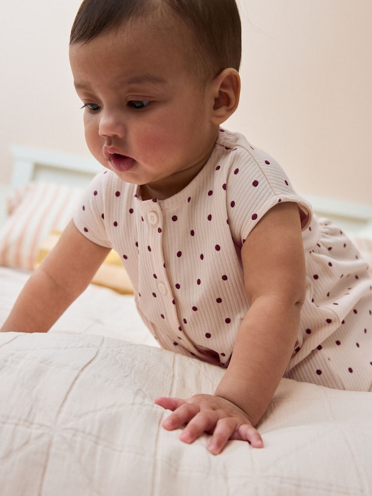 Pink Polka Dot Button Through Baby Rompers 3 Pack