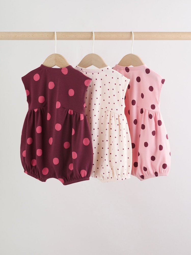 Pink Polka Dot Button Through Baby Rompers 3 Pack