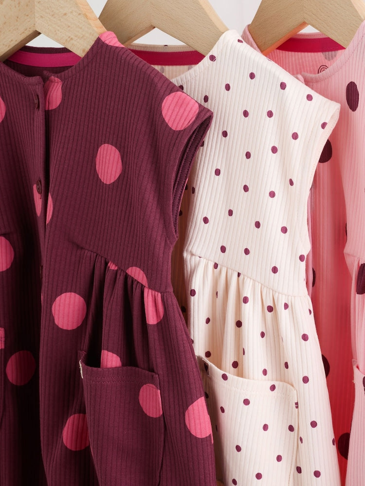 Pink Polka Dot Button Through Baby Rompers 3 Pack