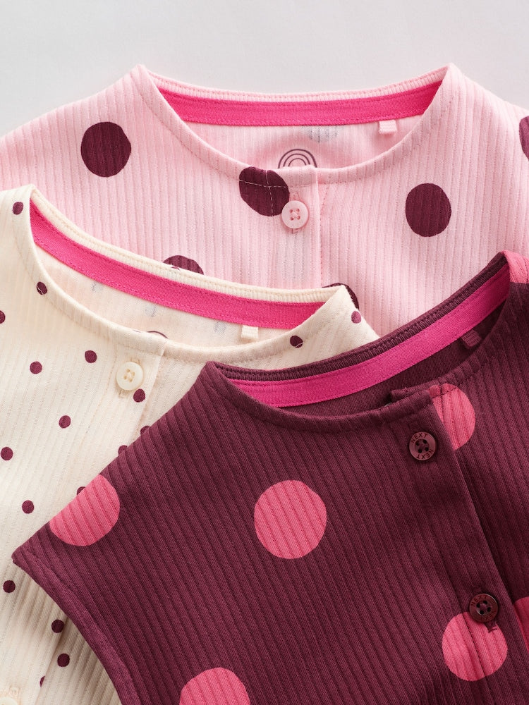Pink Polka Dot Button Through Baby Rompers 3 Pack
