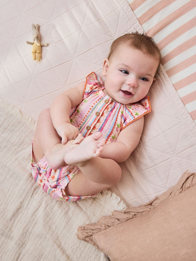 Natural/Coral Fruit Printed Textured Jersey Baby Rompers 2 Pack