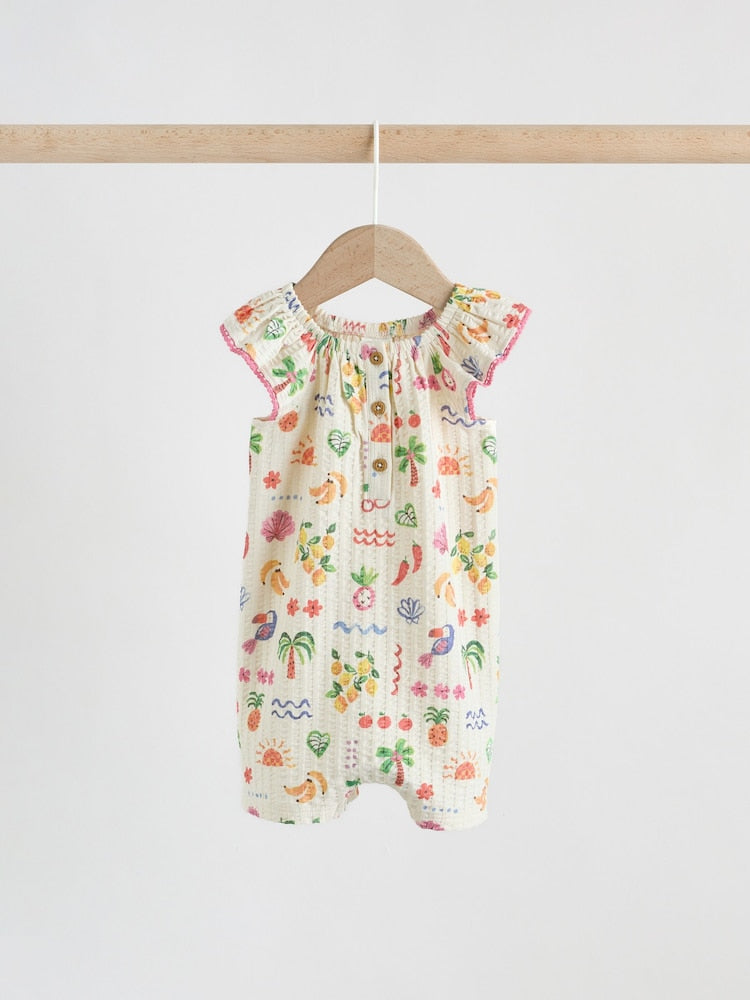 Natural/Coral Fruit Printed Textured Jersey Baby Rompers 2 Pack