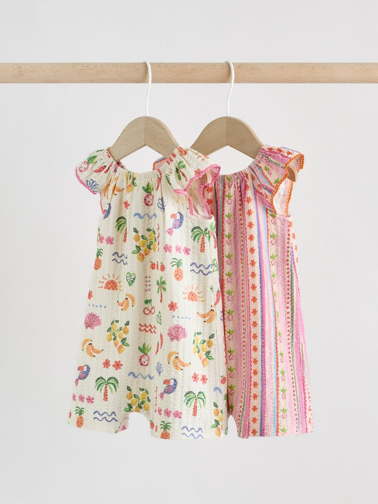 Natural/Coral Fruit Printed Textured Jersey Baby Rompers 2 Pack