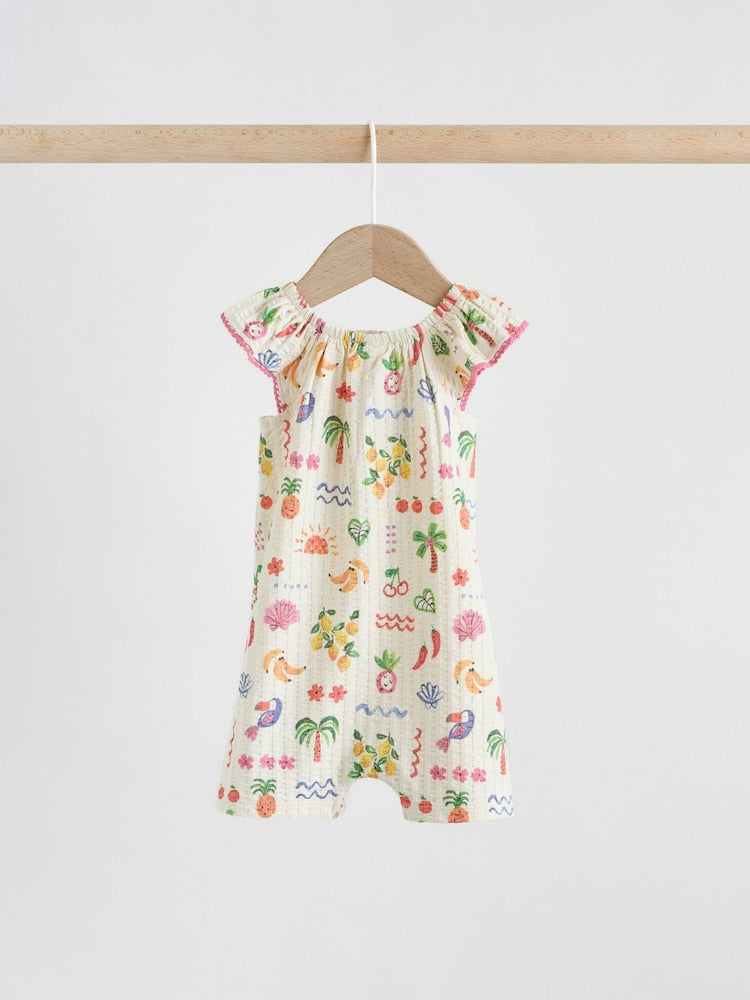 Natural/Coral Fruit Printed Textured Jersey Baby Rompers 2 Pack