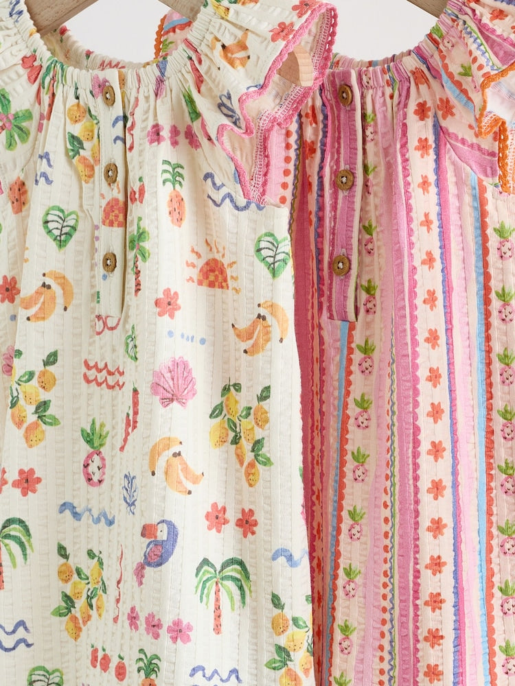 Natural/Coral Fruit Printed Textured Jersey Baby Rompers 2 Pack
