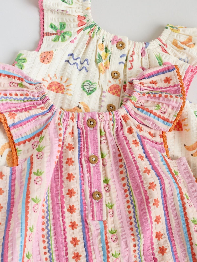 Natural/Coral Fruit Printed Textured Jersey Baby Rompers 2 Pack