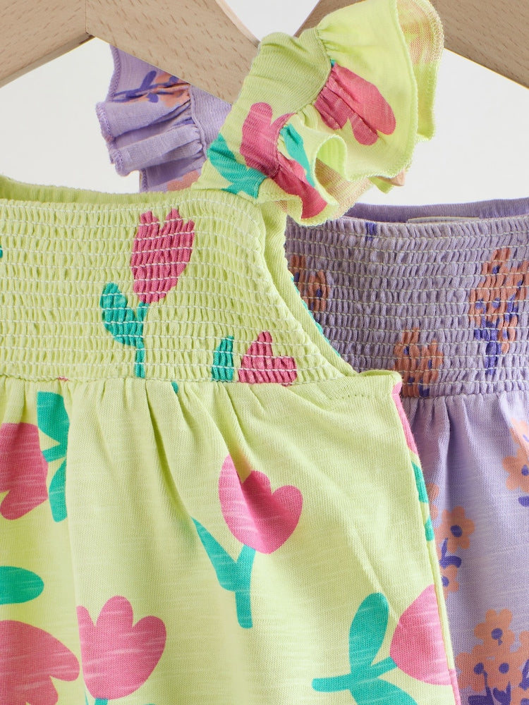 Purple and Green Floral 2 Pack Smocked Smocked Baby Rompers 2 Pack