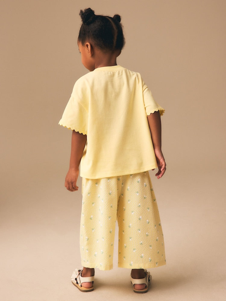 Lemon Yellow Ditsy Pullon Wide Leg Trousers (3mths-7yrs)