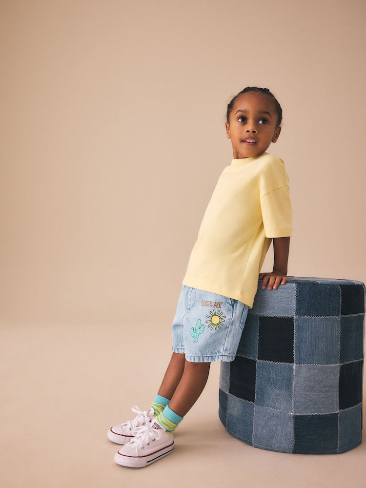 Image 39: Light Blue Printed Pull On Loose Denim Shorts (3mths-7yrs) - Image 2 of 10