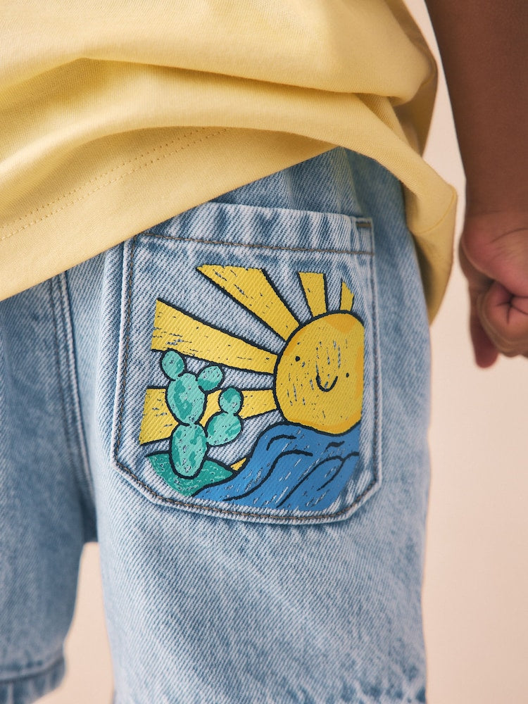 Light Blue Printed Pull On Loose Denim Shorts (3mths-7yrs) - Size 3-6 Months (62-68cm)