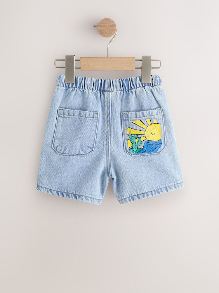 Light Blue Printed Pull On Loose Denim Shorts (3mths-7yrs) - Size 3-6 Months (62-68cm)