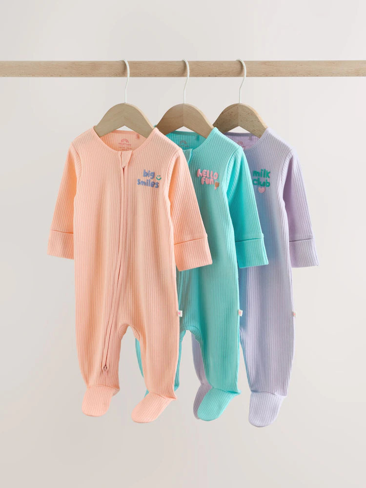 Coral/Purple Two Way Zip Baby Sleepsuits 3 Pack (0mths-2yrs)