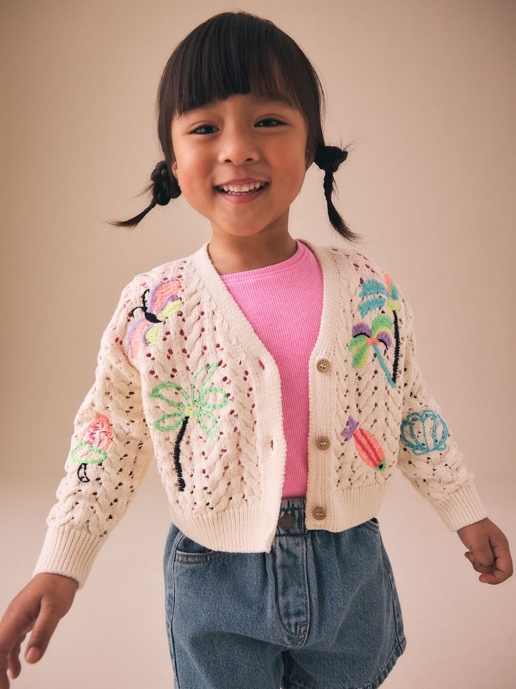 Ecru Fluro Embroidered Crochet Cardigan (3mths-7yrs) - Size 3-6 Months (62-68cm) - Ecru Fluro Embroidered Crochet