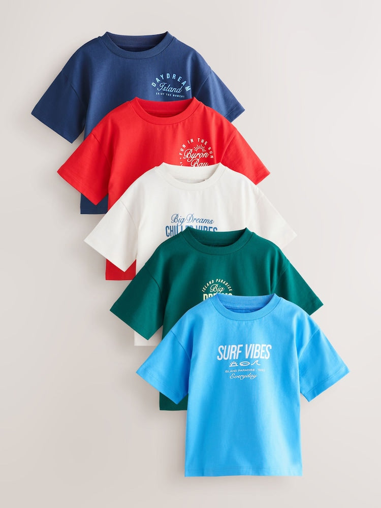 Blue/Navy/Green/Red/White Small Short Sleeve Graphic T-Shirts 5 Pack (3mths-7yrs)