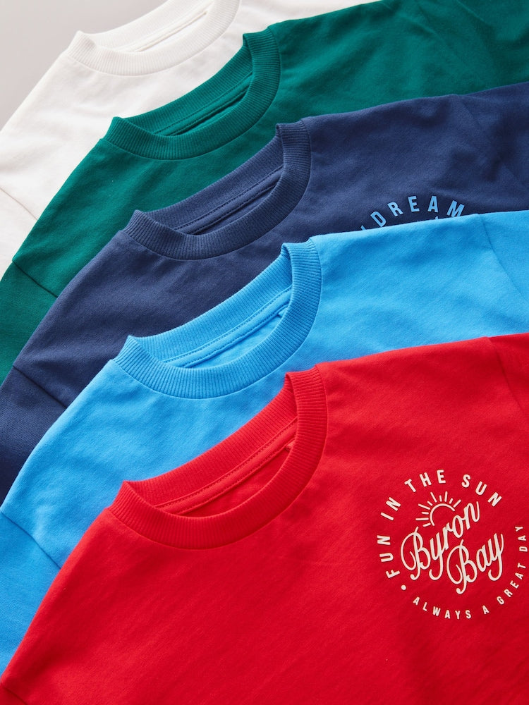 Blue/Navy/Green/Red/White Small Short Sleeve Graphic T-Shirts 5 Pack (3mths-7yrs)