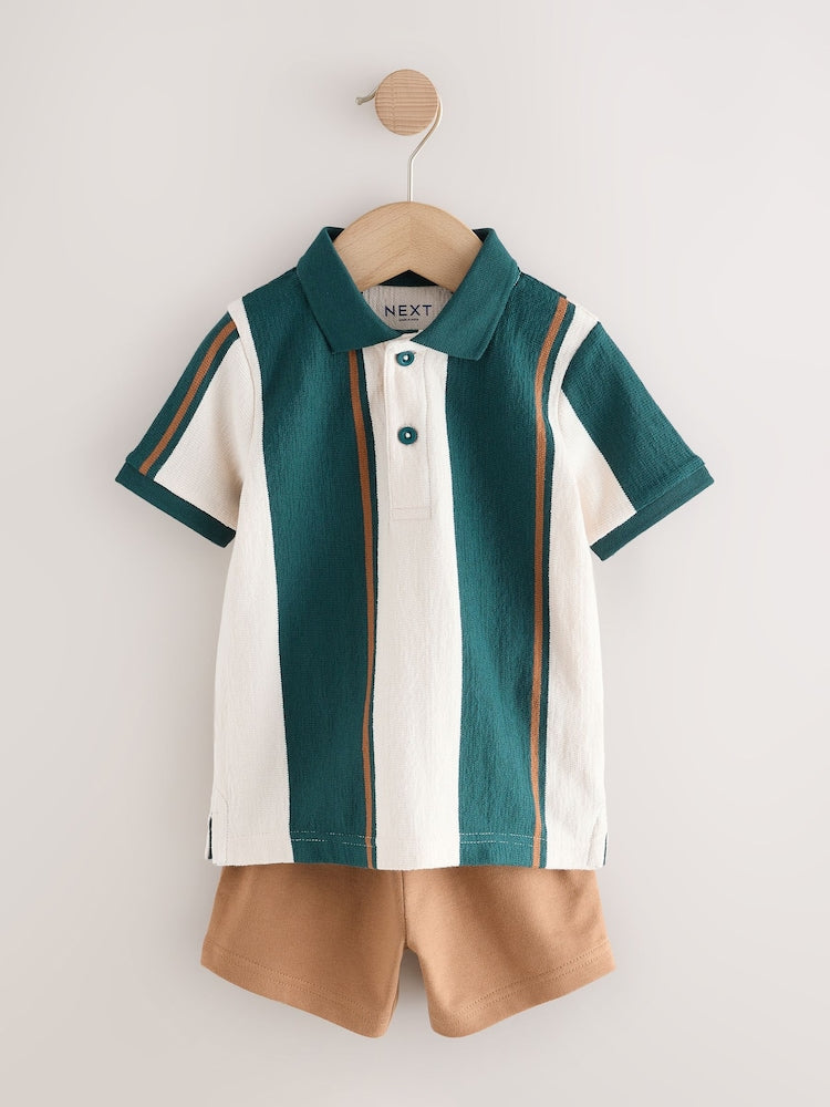 Green/Ecru Stripe Short Sleeve Polo Shirt and Shorts Set (3mths-7yrs)