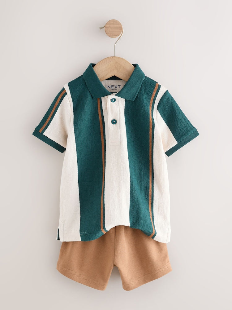Green/Ecru Stripe Short Sleeve Polo Shirt and Shorts Set (3mths-7yrs)