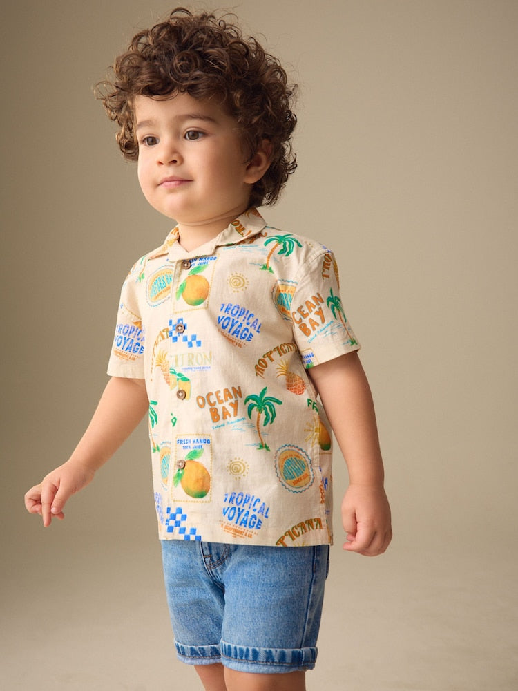 Ecru All Over Print Short Sleeve Revere Collar Printed Shirt (3mths-7yrs)
