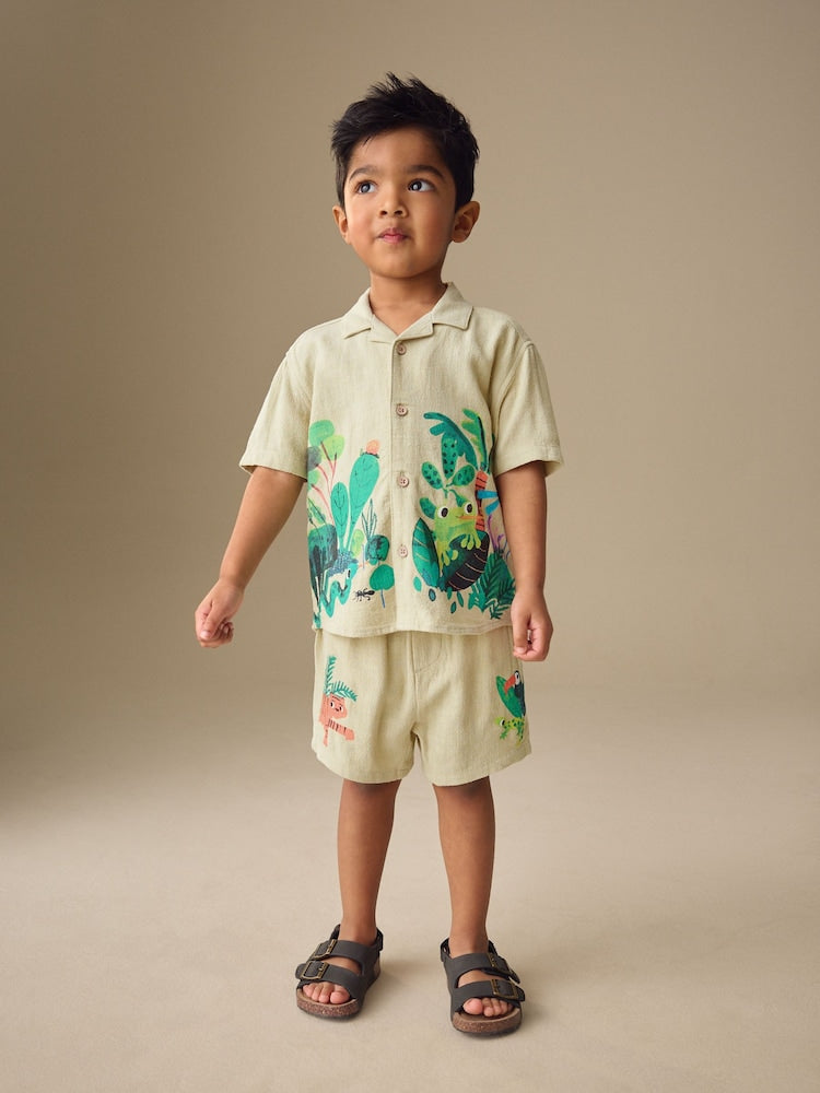 Light Green Jungle Print Short Sleeve Revere Collar Shirt & Shorts Set (3mths-10yrs)