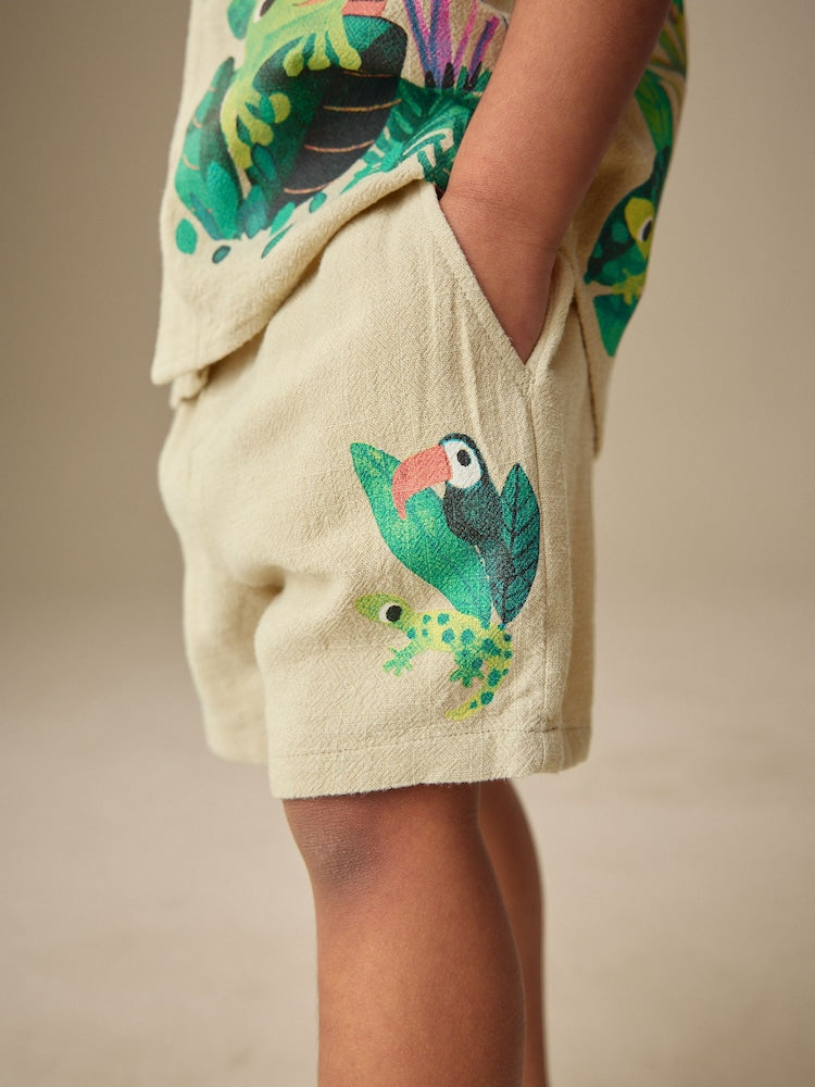 Light Green Jungle Print Short Sleeve Revere Collar Shirt & Shorts Set (3mths-10yrs)