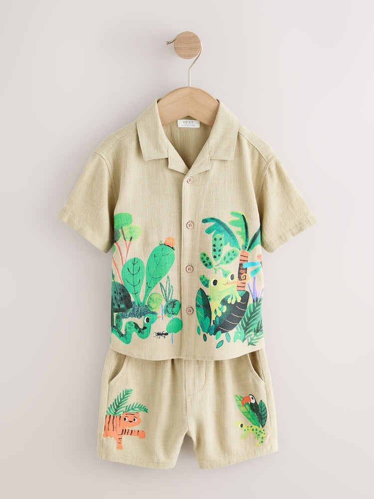 Light Green Jungle Print Short Sleeve Revere Collar Shirt & Shorts Set (3mths-10yrs)