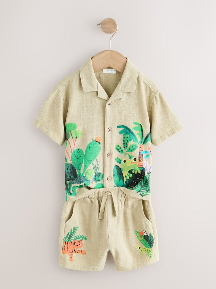 Light Green Jungle Print Short Sleeve Revere Collar Shirt & Shorts Set (3mths-10yrs)