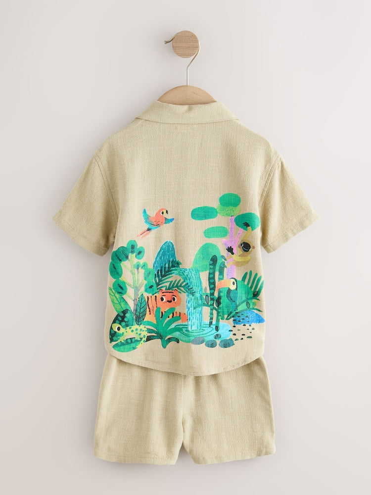 Light Green Jungle Print Short Sleeve Revere Collar Shirt & Shorts Set (3mths-10yrs)