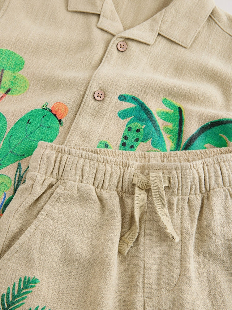 Light Green Jungle Print Short Sleeve Revere Collar Shirt & Shorts Set (3mths-10yrs)