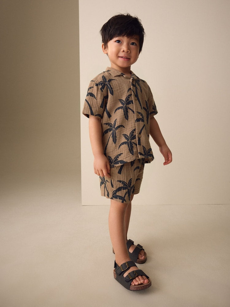 Brown All over Print Palm Short Sleeve Double Cloth Shirt & Shorts Set (3mths-10yrs)