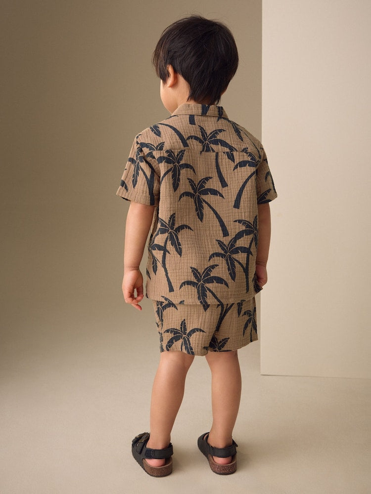 Brown All over Print Palm Short Sleeve Double Cloth Shirt & Shorts Set (3mths-10yrs)