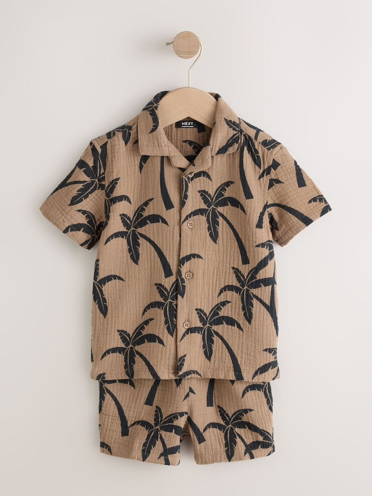 Brown All over Print Palm Short Sleeve Double Cloth Shirt & Shorts Set (3mths-10yrs)