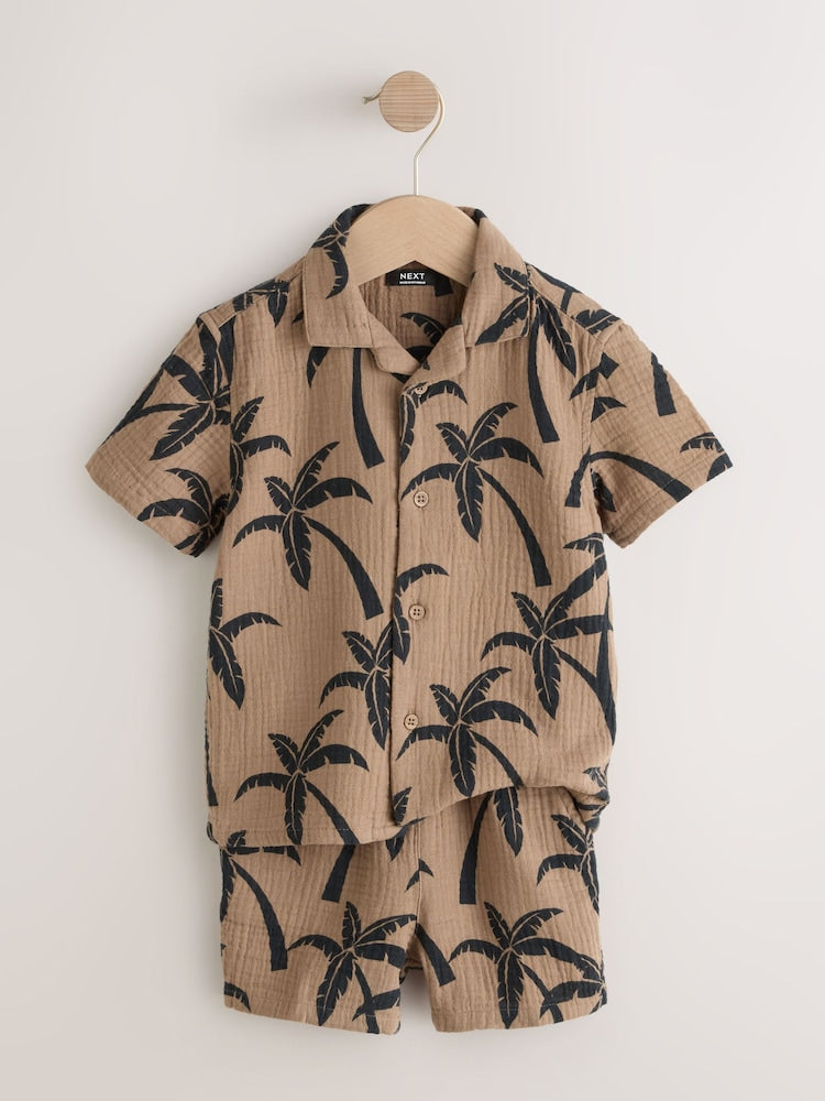 Brown All over Print Palm Short Sleeve Double Cloth Shirt & Shorts Set (3mths-10yrs)